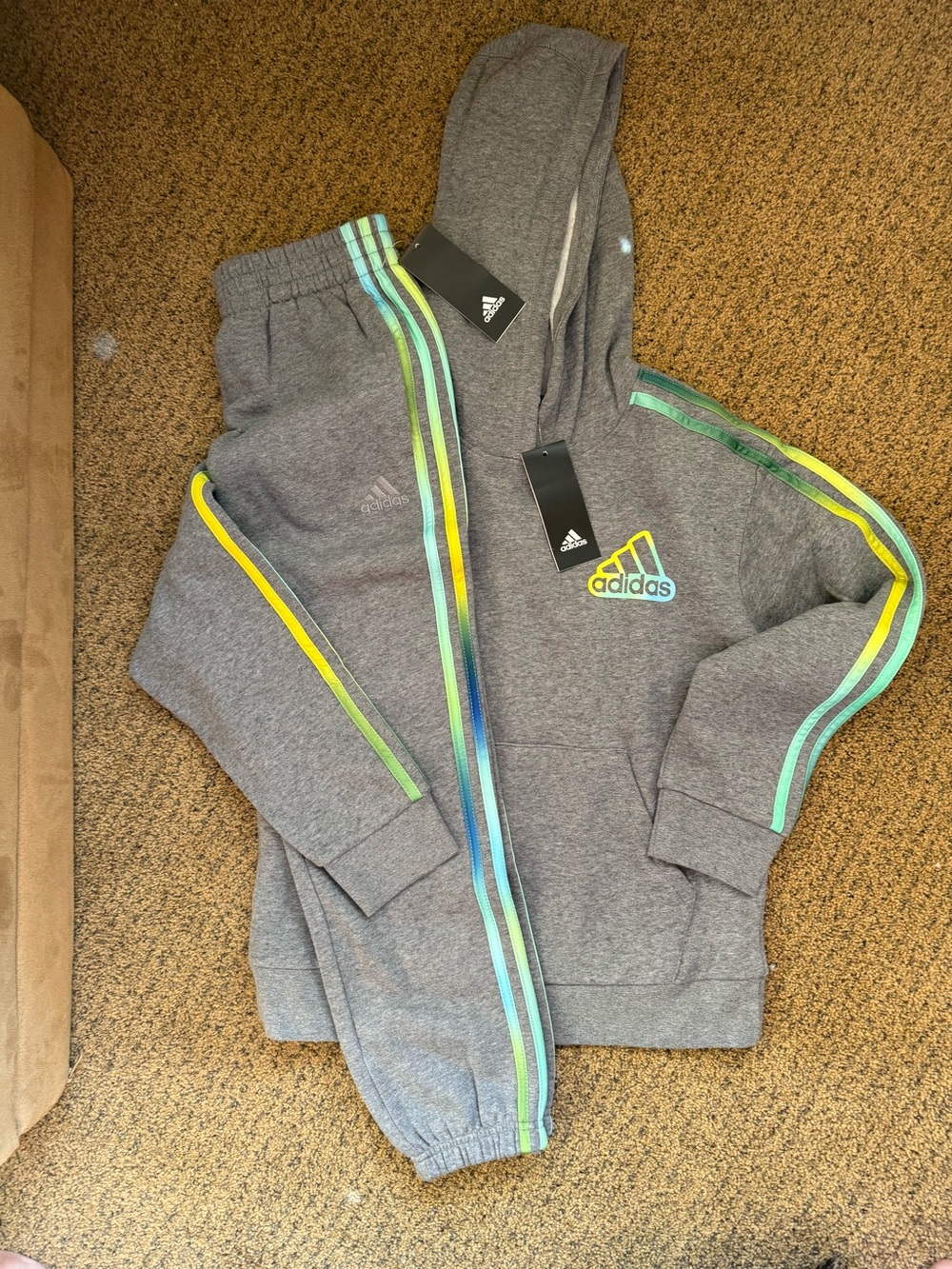 adidas Gray Kids Hoodie & Joggers with Yellow and Green Trim